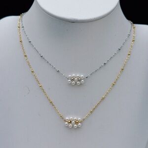X786 Handmade Freshwater Baby Pearl Double Daisy Necklace Stainless Steel Chain